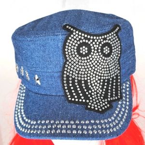 ``H25275 NWT Professional Style Rhinestone Cadet Cap - Owl - Dark Denim